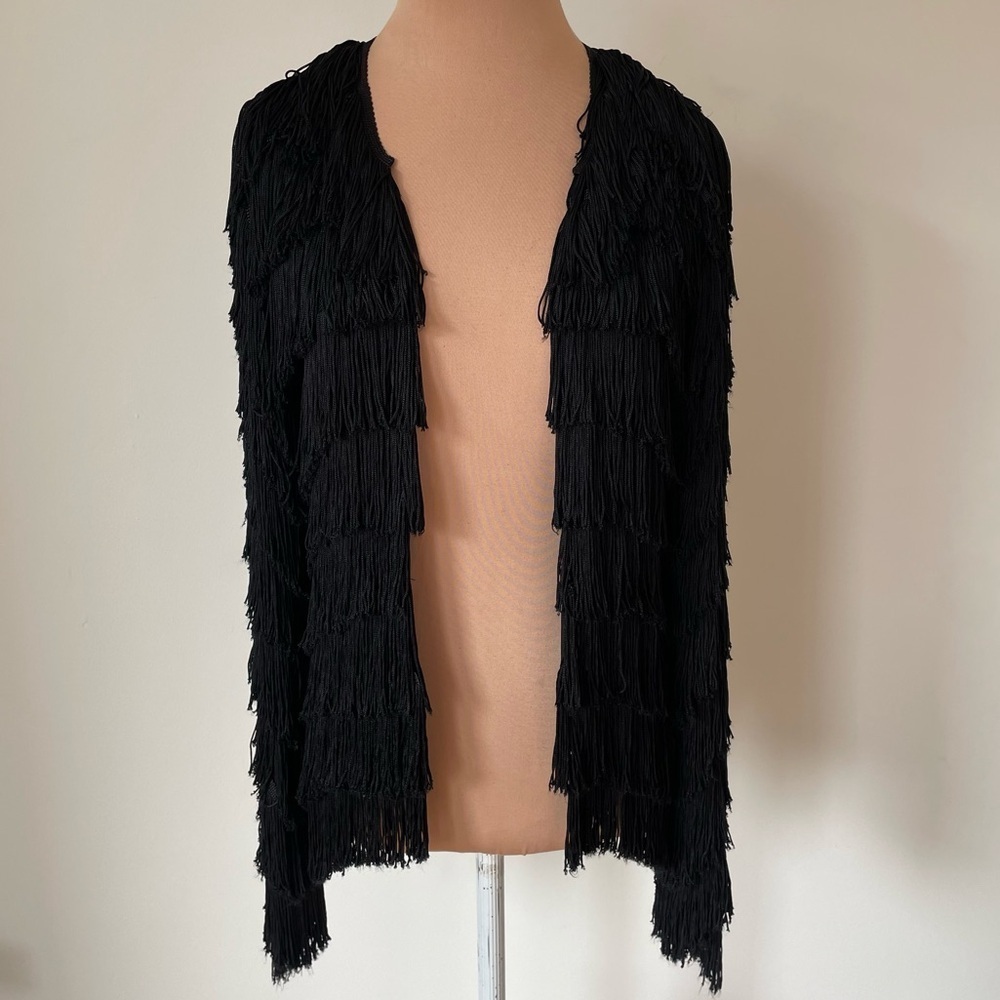 Gryphon Silk Fringe Open Front Black Jacket Size XS